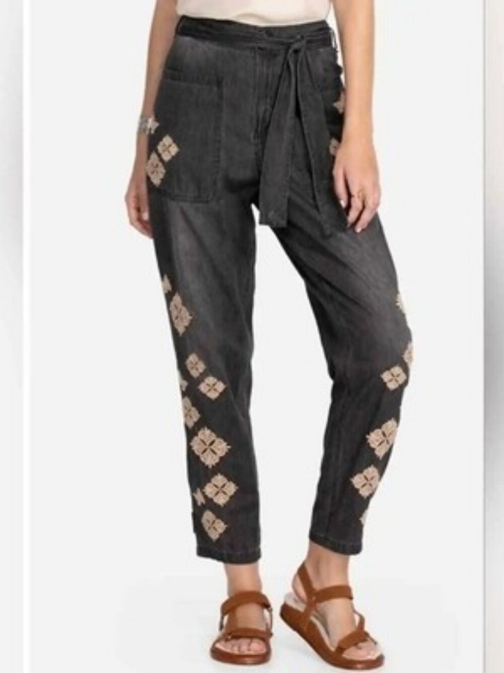 Johnny Was TAYLA Black High Rise Slim Leg Pants W/ Cream Embroidery Size Medium